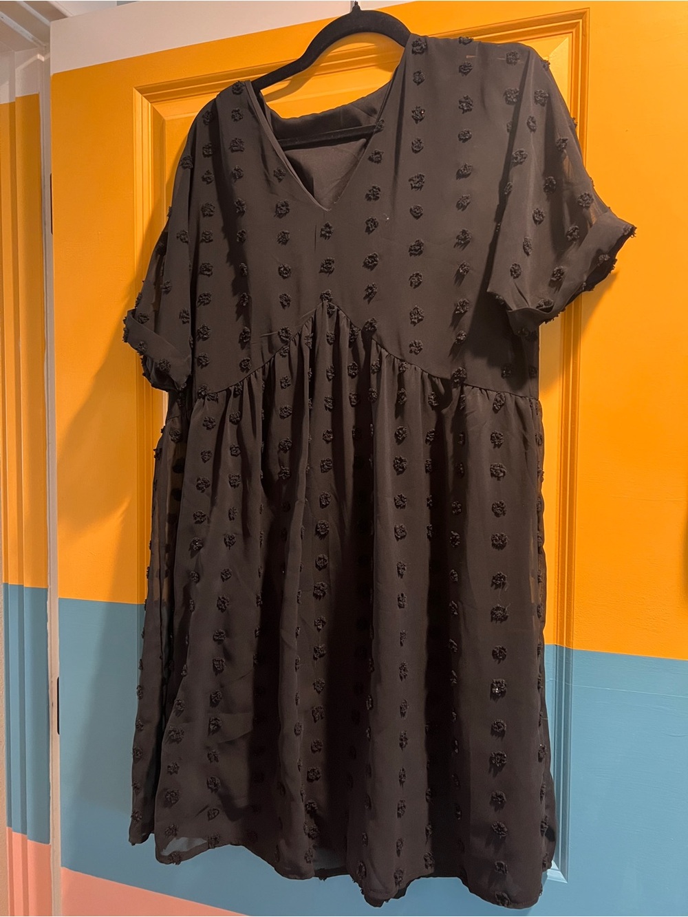 Black Textured V-Neck Smock Dress